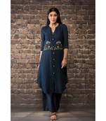sulochana jangir navy blue handloom inen twill kurta with rich stich hand embroidery paired with  matching pants.