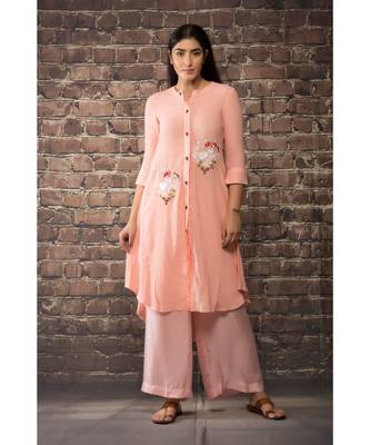 sulochana jangir old rose pink linen silk kurta with anchor hand embroidery paired with matching pants 1