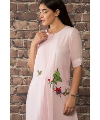 sulochana jangir baby pink linen silk kurta with rose hand embroidery 3