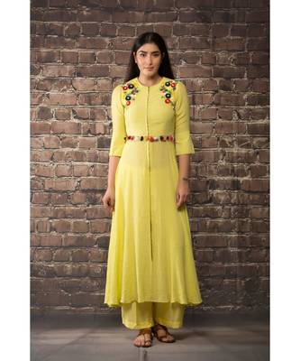 sulochana jangir yellow linen silk  dress kurta with satan ribbon embroidery 1