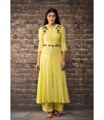 sulochana jangir yellow linen silk  dress kurta with satan ribbon embroidery