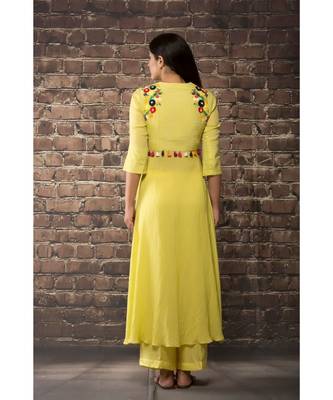 sulochana jangir yellow linen silk  dress kurta with satan ribbon embroidery 2
