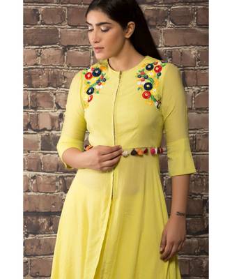 sulochana jangir yellow linen silk  dress kurta with satan ribbon embroidery 3