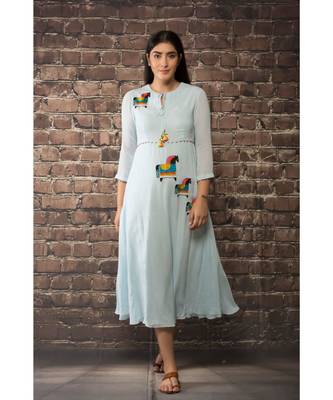 sulochana jangir sky blue linen georgette dress with aari work. 1
