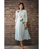 sulochana jangir sky blue linen georgette dress with aari work.