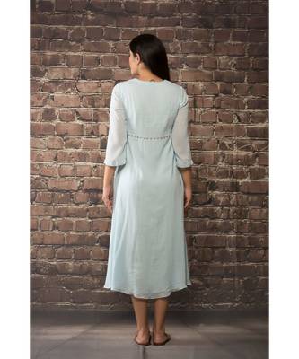 sulochana jangir sky blue linen georgette dress with aari work. 2