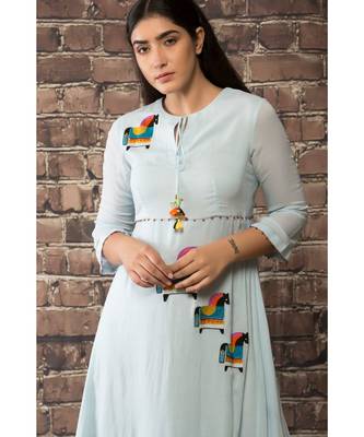 sulochana jangir sky blue linen georgette dress with aari work. 3
