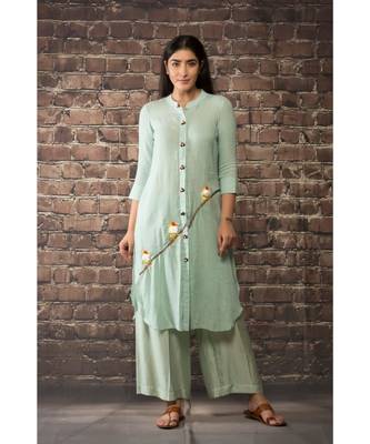 sulochana jangir mint green linen georgette tunic with 3 bird embroidery 1