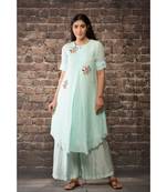 sulochana jangir ice blue handloom linen twillkurta with 3 flower hand embroidery paired with maching pants.