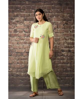 sulochana jangir  sea green handloom linen twill dress with 3 flower hand embroidery 1