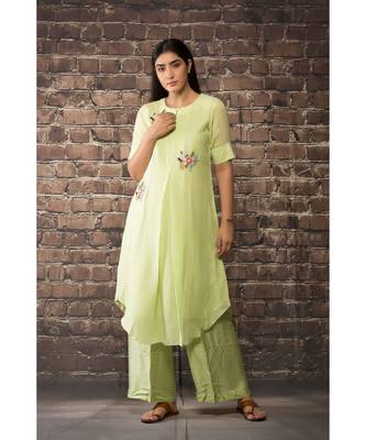 sulochana jangir  sea green handloom linen twill dress with 3 flower hand embroidery 2