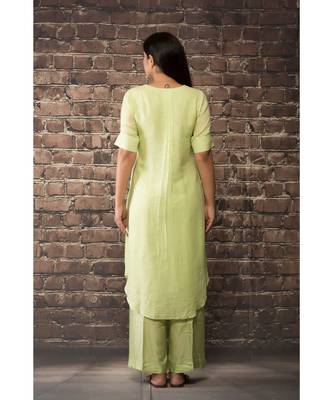 sulochana jangir  sea green handloom linen twill dress with 3 flower hand embroidery 3