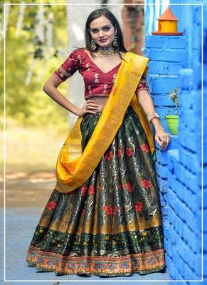 Green embroidered banarasi silk blend semi stitched lehenga choli 1