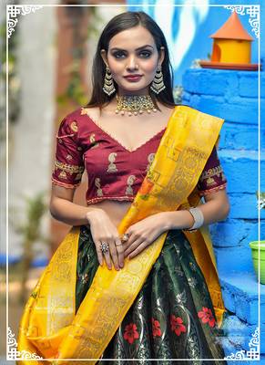 Green embroidered banarasi silk blend semi stitched lehenga choli 2