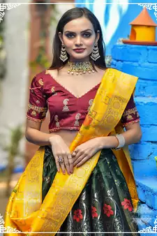 Green embroidered banarasi silk blend semi stitched lehenga choli
