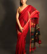 Red woven blended cotton saree with blouse