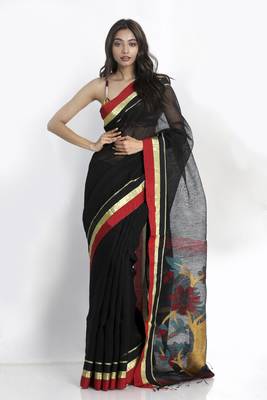 Black woven linen saree with blouse 1