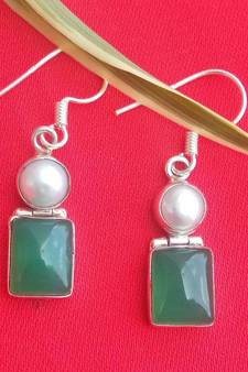 RozMili 92.5 Sterling silver precious stone & sea water pearl Hoop fashion earrings for women & girls