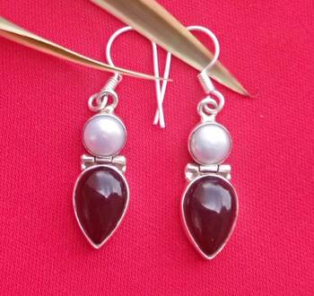 92.5 Sterling silver semi precious Gem stone & sea water pearl Hoop fashion earrings for women & girls 1