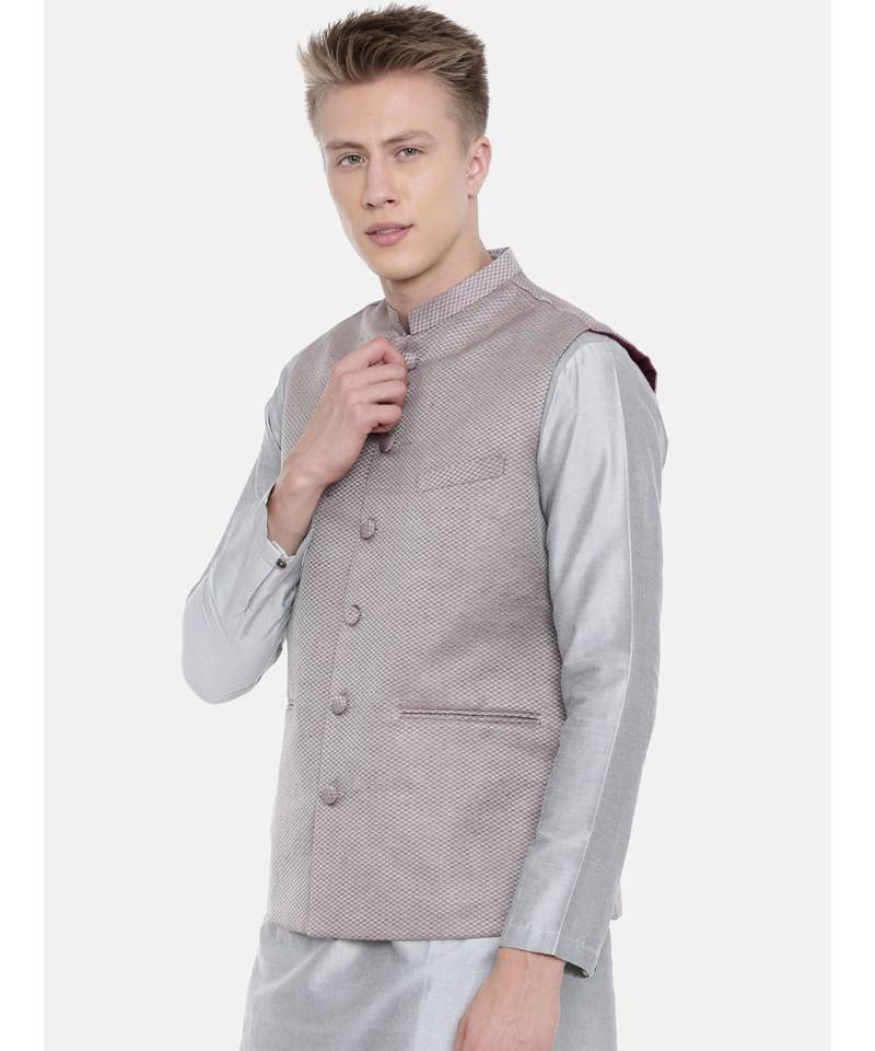Mayank Modi Wine Checkered Silk Jacket