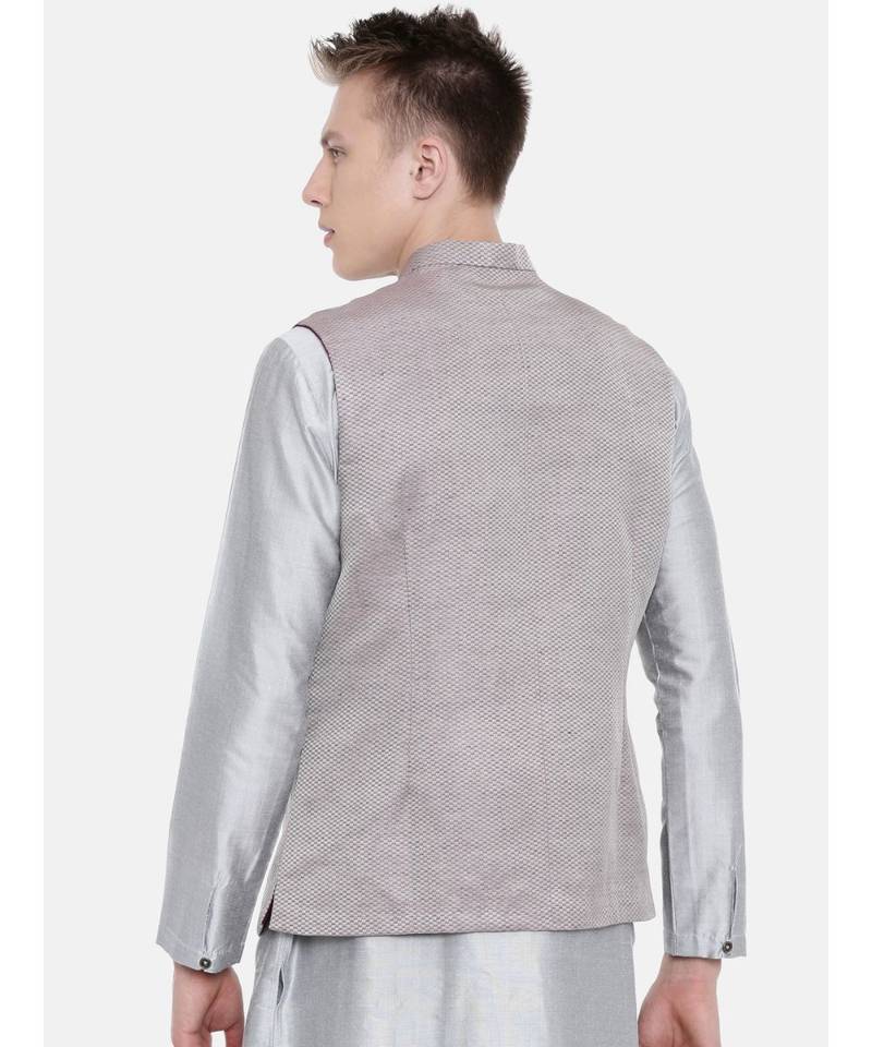 Mayank Modi Wine Checkered Silk Jacket