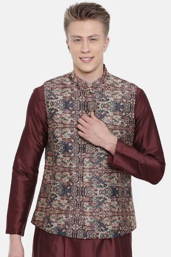 Mayank Modi Chanderi Brown Printed Jacket