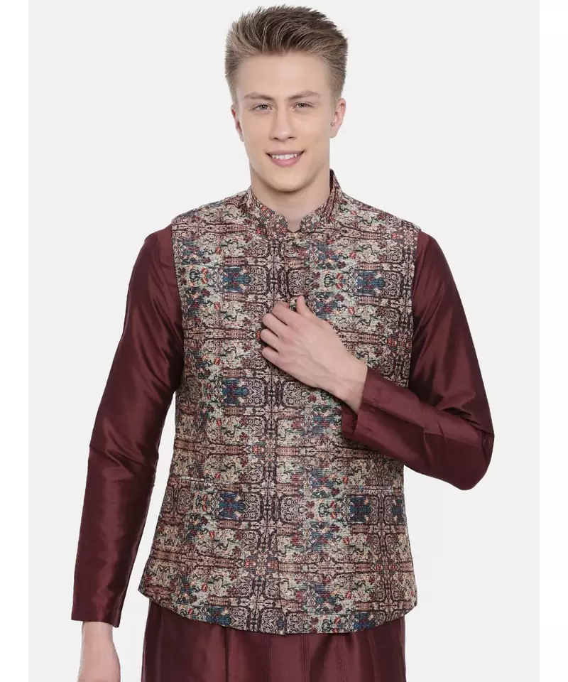 Mayank Modi Chanderi Brown Printed Jacket