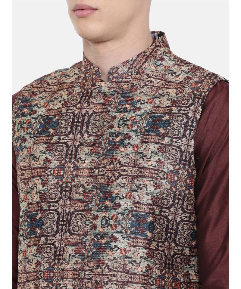 Mayank Modi Chanderi Brown Printed Jacket