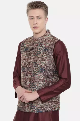 Mayank Modi Chanderi Brown Printed Jacket