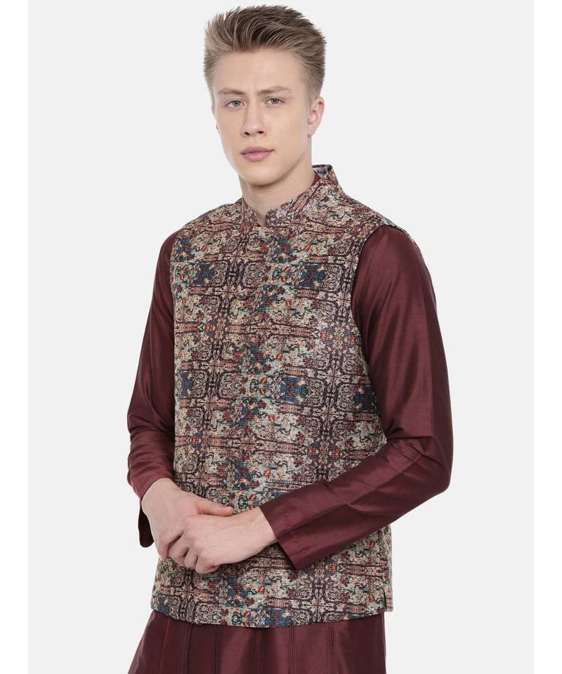 Mayank Modi Chanderi Brown Printed Jacket