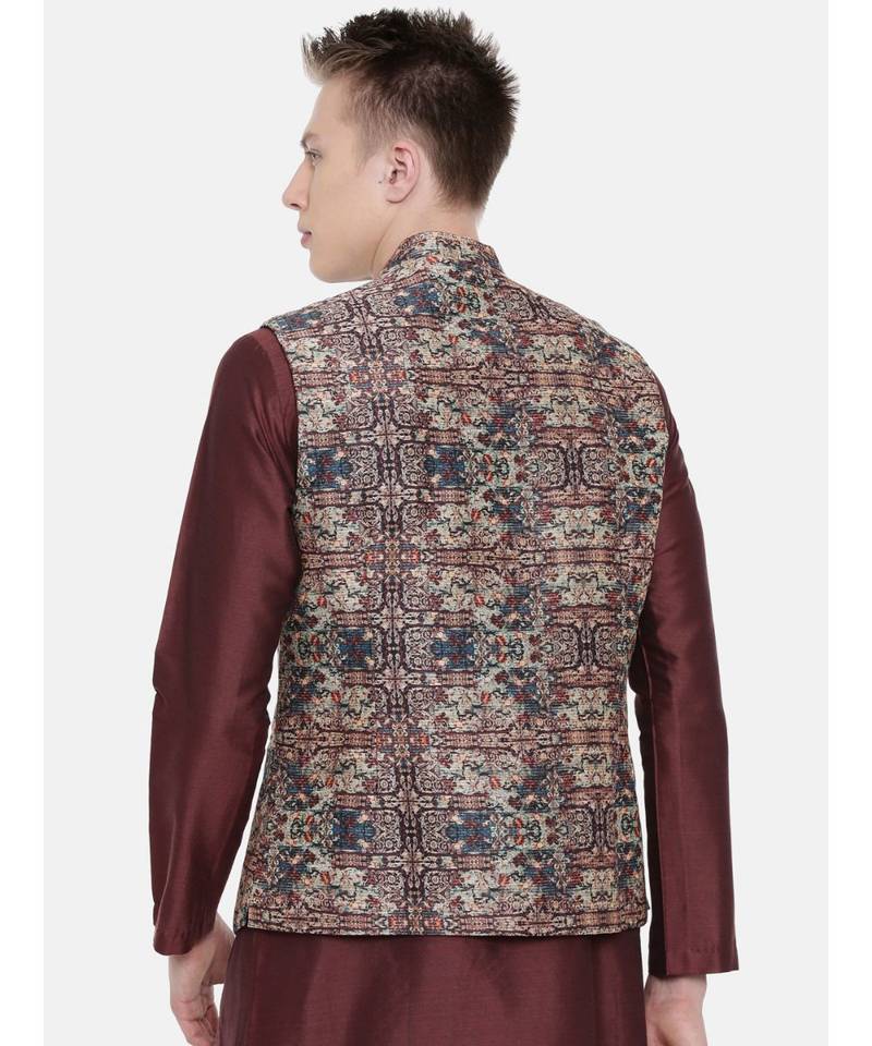 Mayank Modi Chanderi Brown Printed Jacket