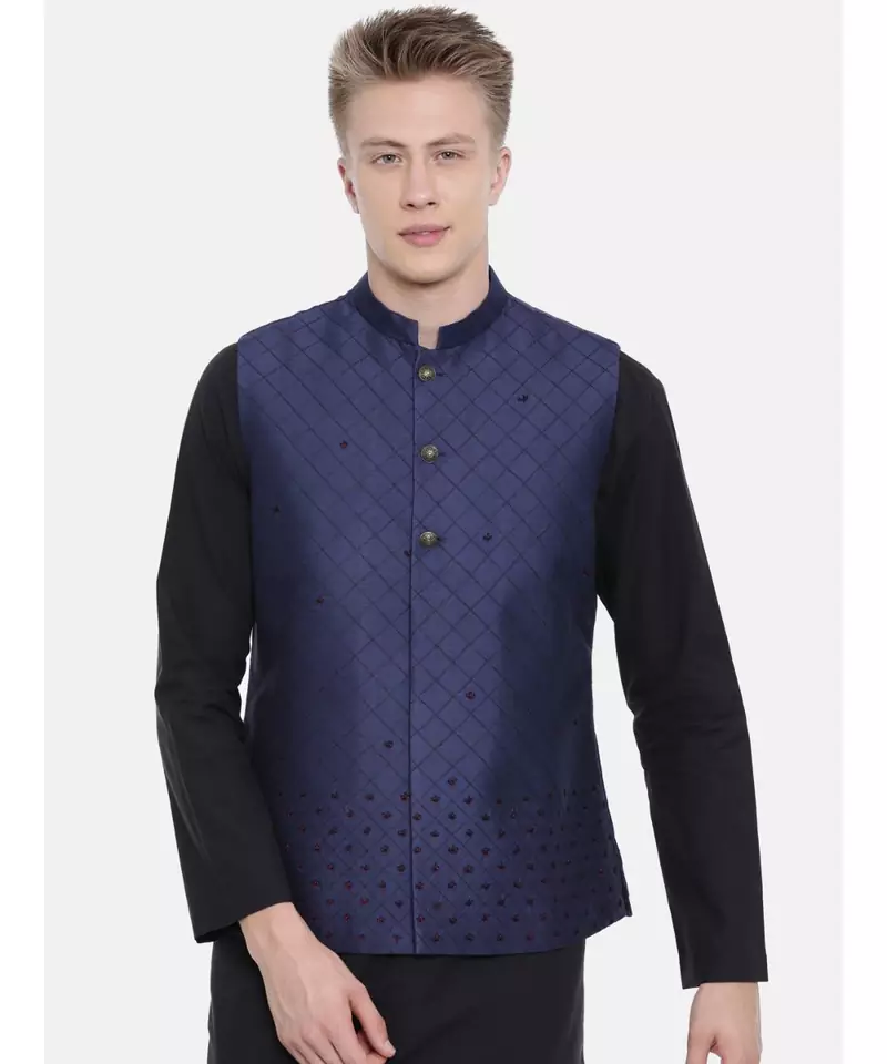 Mayank Modi Navy Blue Silk Embroidered Jacket