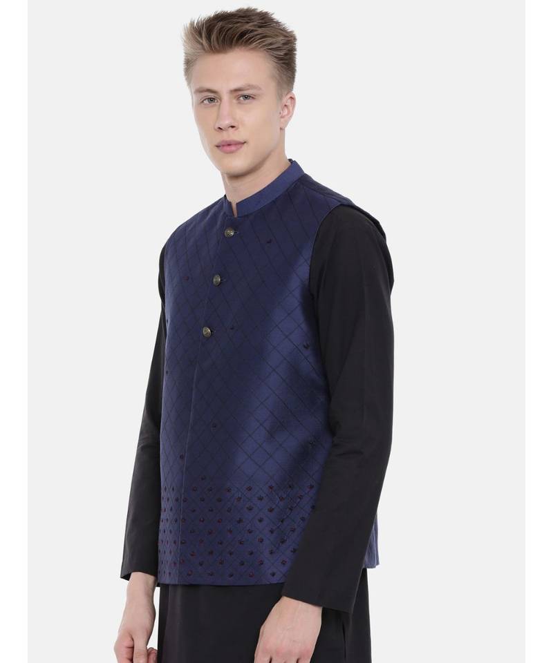 Mayank Modi Navy Blue Silk Embroidered Jacket