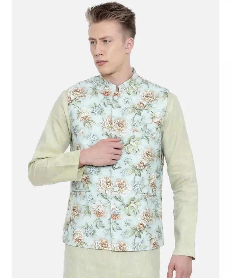 Mayank Modi Linen Green Printed Jacket