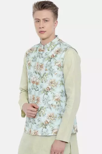 Mayank Modi Linen Green Printed Jacket