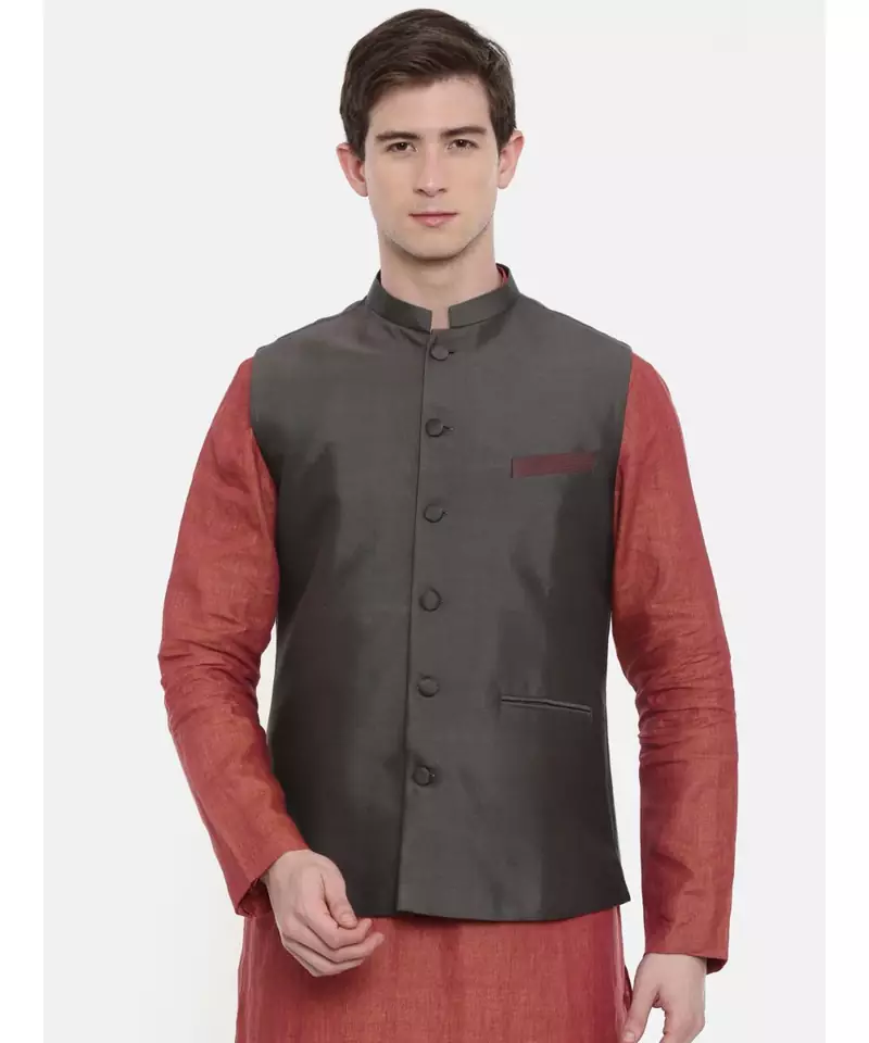 Mayank Modi Charcoal Grey Classic Nehru Jacket