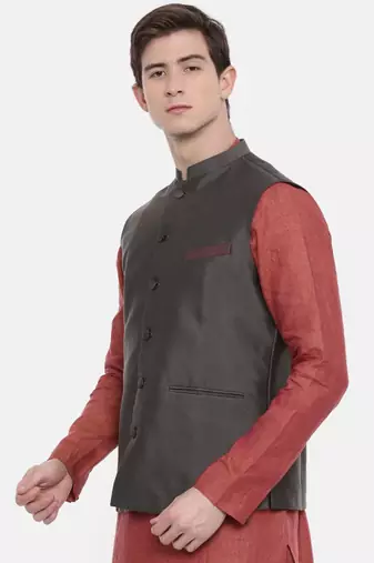 Mayank Modi Charcoal Grey Classic Nehru Jacket