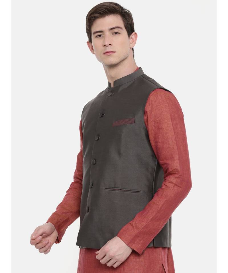 Mayank Modi Charcoal Grey Classic Nehru Jacket