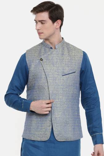 Mayank Modi Blue Linen Jaquard Jacket