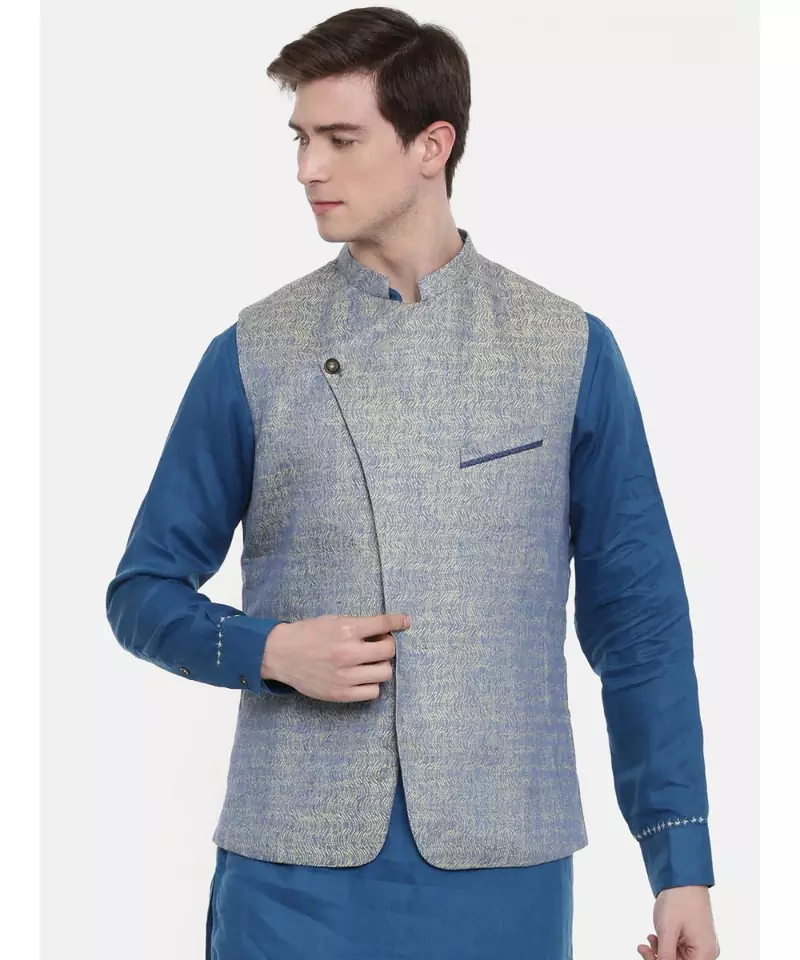 Mayank Modi Blue Linen Jaquard Jacket