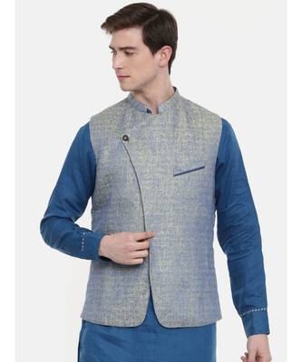 Mayank Modi Blue Linen Jaquard Jacket 1