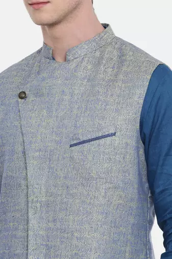 Mayank Modi Blue Linen Jaquard Jacket