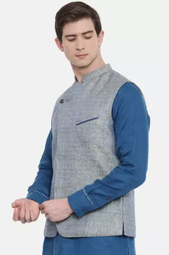 Mayank Modi Blue Linen Jaquard Jacket