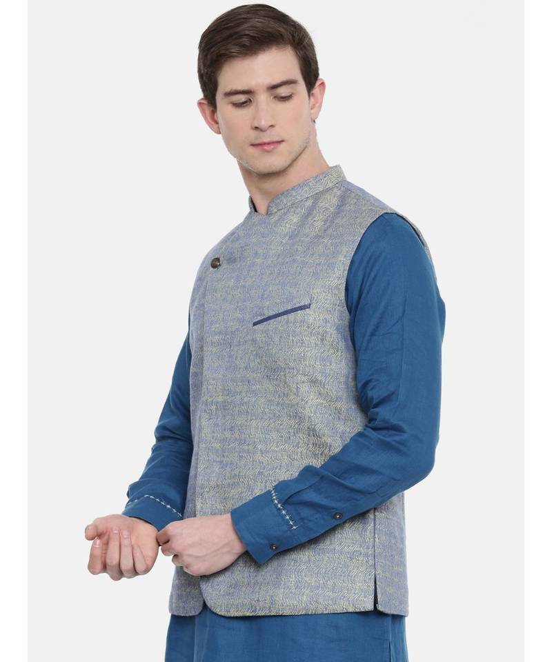 Mayank Modi Blue Linen Jaquard Jacket