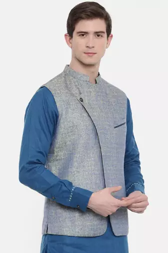 Mayank Modi Blue Linen Jaquard Jacket