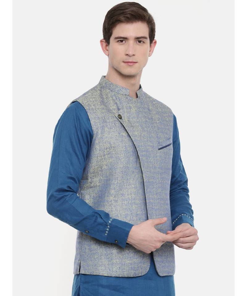 Mayank Modi Blue Linen Jaquard Jacket