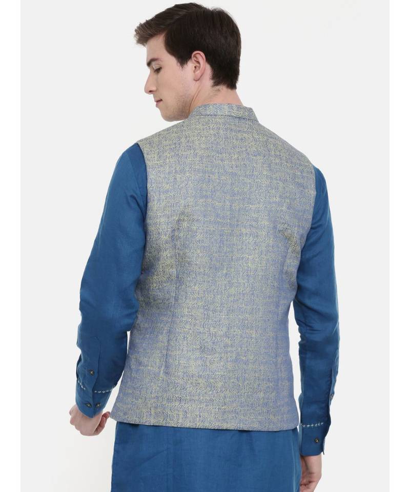 Mayank Modi Blue Linen Jaquard Jacket