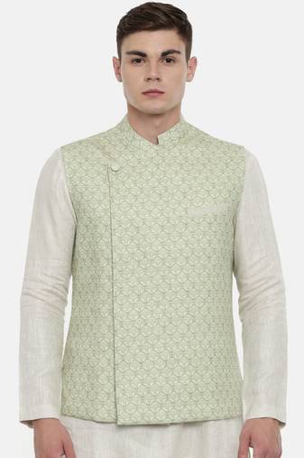 Mayank Modi Linen Green Printed Nehru Jacket