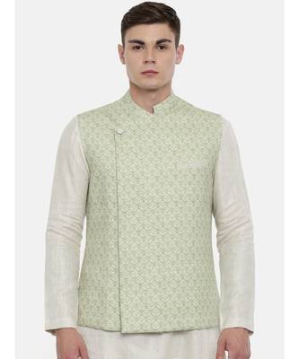 Mayank Modi Linen Green Printed Nehru Jacket 1