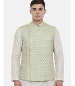 Mayank Modi Linen Green Printed Nehru Jacket